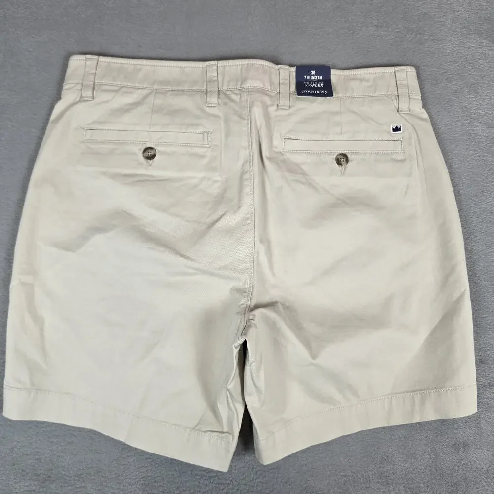 Crown & Ivy Men's Motion Flex Khaki Chino Shorts Size 36 Stretch Classic Casual